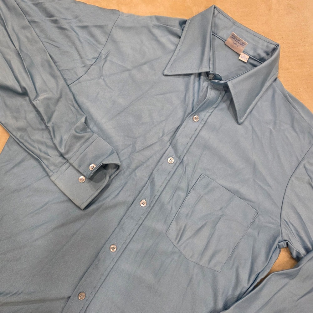 Vintage 70s Slate Blue Button Up Dress Shirt Disco Pointed Dagger Collar Nylon